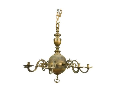 A large brass Dutch style ceiling chandelier, 20th century, the urn shaped stem terminating in a large ball issuing eight scr