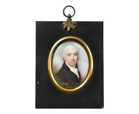 Circle of George Engleheart (British, 1750-1829) Portrait of a gentleman in a black jacket and white cravatwatercolour on ivo