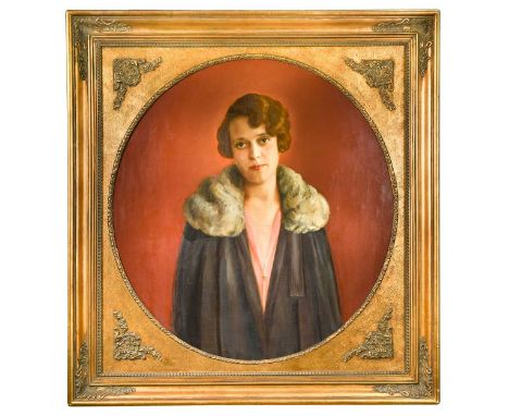 Bruno Möller (Danish, 19th-20th century) Portrait of a lady in a pink blouse and fur coatsigned 'Bruno Möller' and dated 1928