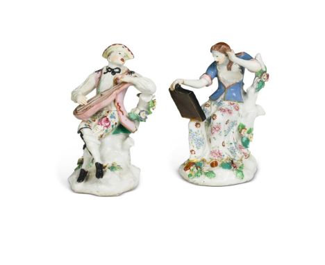 Two Bow porcelain figures, circa 1760,  one modelled as 'sight' from the senses, she seated holding a mirror, 14cm high; the 