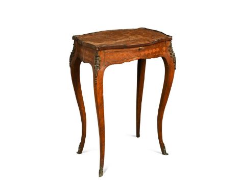 A French Louis XV style fish-scale parquetry side table, decorated with gilt metal mounts, with blind frieze drawer and slidi