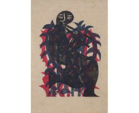 Grieshaber, HAPRot an der Rot, 1909 - Reutlingen, 198174,5 x 52,5 cm, R."Pan in Dornen (Dornenpan)", 1975. Farbholzschnitt au