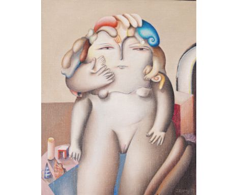 Remé, JörgDanzig, 194127 x 22 cm, o. R.Weiblicher Akt, 1975. Öl auf Leinwand, auf Hartfaserplatte aufgelegt. In Öl unten rech