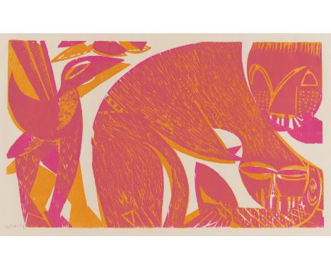 Grieshaber, HAPRot an der Rot, 1909 - Reutlingen, 1981Blattgröße: 57 x 81,5 cm; 35 x 58 cm, o. R:"Katze, Fisch und Vogel", 19