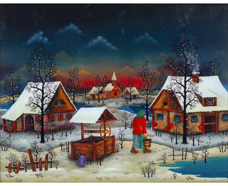 Rojc, MitjaLjubljana, 195138,5 x 49 cm, R.Dorf in Winterlandschaft, 1975. Acryl auf Glas. Hinterglasmalerei. In Acryl unten m