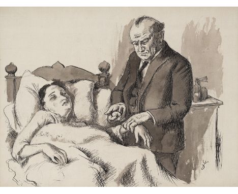 Dressler, August WilhelmBergesgrün/Böhmen, 1886 - 197030 x 40 cm, R.Am  Krankenbett. Tusche auf Bütten. In Tuschfeder unten r