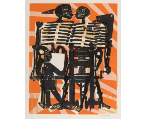 Grieshaber, HAPRot an der Rot, 1909 - Reutlingen, 1981Blattgröße: 67 x 51,7 cm; 45,2 x 35,5 cm, o. R."Tod und Drucker", 1965.