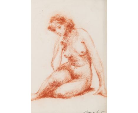 Breker, ArnoElberfeld, 1900 - Düsseldorf, 199130,5 x 23 cm, o. R.Weiblicher Akt. Rötel auf Bütten, auf Papier aufgelegt. In K