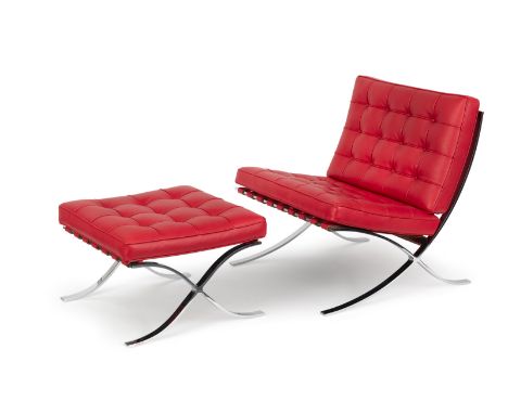 Ludwig Mies van der Rohe77 x 80 x78 cm/ 60 x 48 x 60 cmSessel "Barcelona Chair" mit Hocker. Ausführung: Knoll International. 