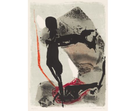 Santomaso, GiuseppeVenedig, 1907 - 1990Blattgröße: 65,5 x 50,5 cm; 55 x 39 cm, o. R:Ohne Titel, 1962. Farblithografie auf Büt