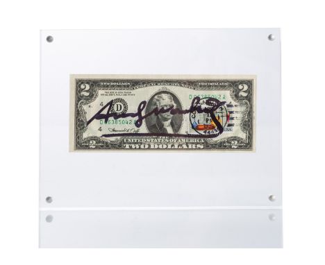 Warhol, AndyPittsburgh, 1928 - New York, 19876,5 x 15,5 cm, R."2 Dollars (Thomas Jefferson)", 1976.  Banknote mit Briefmarke 