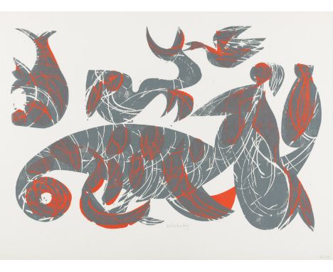 Grieshaber, HAPRot an der Rot, 1909 - Reutlingen, 1981Blattgröße: 65 x 85 cm; 53 x 79 cm, o. R."Tritone", 1962. Farbholzschni
