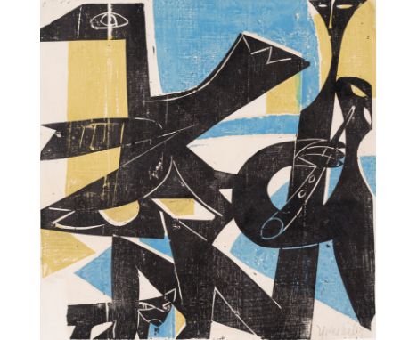 Grieshaber, HAPRot an der Rot, 1909 - Reutlingen, 1981Blattgröße: 47 x 46,5 cm, R."Vogel", 1951. Farbholzschnitt auf Kupferdr