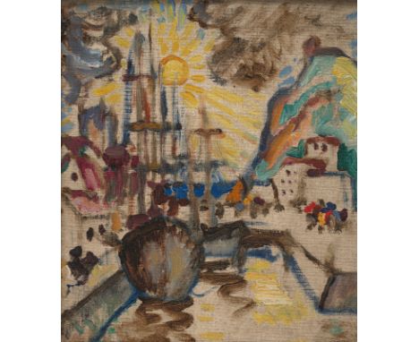 Anonym27 x 23,5 cm, R.Küstenstadt mit Schiffen im Hafen. Öl auf Leinwand, auf Karton aufgelegt.Privatbesitz, Baden-Württember