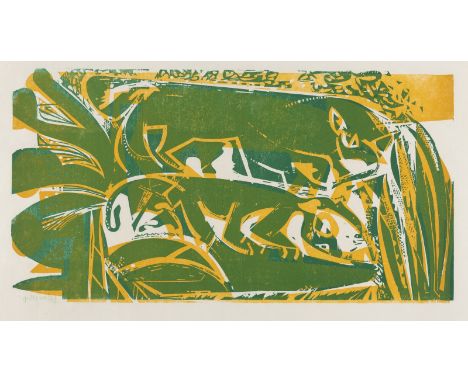 Grieshaber, HAPRot an der Rot, 1909 - Reutlingen, 1981Blattgröße: 60 x 95,2 cm; 40,5 x 75 cm, o. R."Laufende Tiere",1960. Far