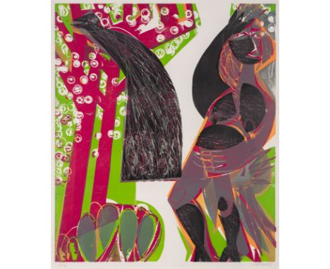 Grieshaber, HAPRot an der Rot, 1909 - Reutlingen, 198176 x 65 cm, R."Die Frau mit dem Pfau", 1963. Farbholzschnitt auf Bütten