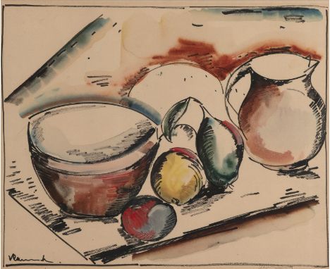 Vlaminck, Maurice deParis, 1876 - Rueil-la-Gademière, 195833 x 41 cm, R.Stillleben mit Früchten und Gefäßen. Aquarell und Tus
