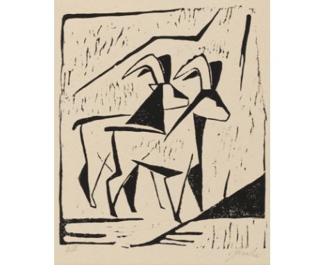 Janke, HeinrichGraudenz, 1930 - Braunfels, 202326 x 22 cm, o. R.Steinböcke. Holzschnitt auf Papier. In Bleistift unten rechts