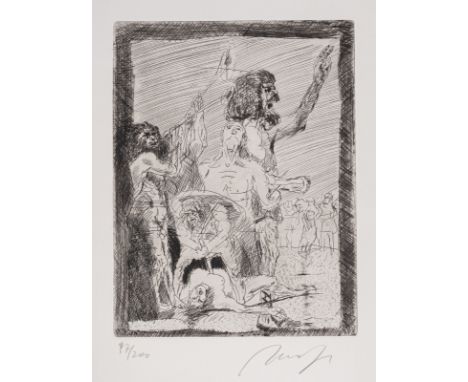 Hrdlicka, AlfredWien, 1928 - 2009Blattgröße: 33,6 x 28,2 cm, o. R."Wiedertäufer I", 1984. Radierung auf Bütten eine gelegt in