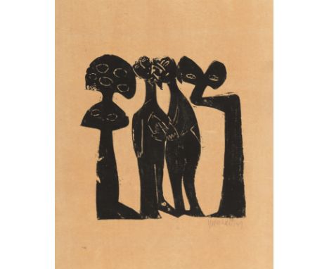 Grieshaber, HAPRot an der Rot, 1909 - Reutlingen, 1981Blattgröße: 44,5 x 34 cm; 23 x 22 cm, o. R."Bedrohtes Paar", 1949. Holz
