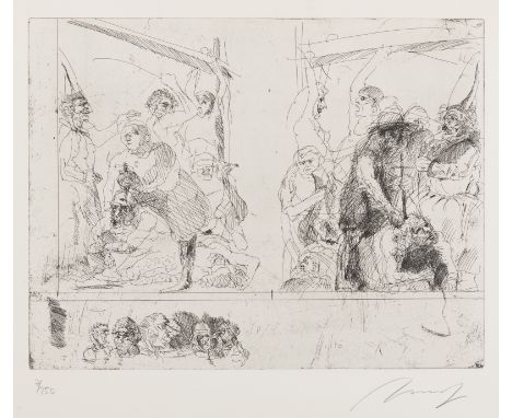 Hrdlicka, AlfredWien, 1928 - 2009Blattgröße. 46 x 63 cm, R."Die Rechte weiß nicht, was die Linke tut"; 1984. Radierung auf Bü