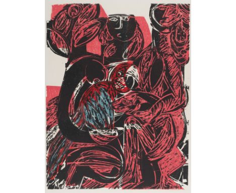 Grieshaber, HAPRot an der Rot, 1909 - Reutlingen, 1981Blattgröße: 77,5 x 54,5 cm; 66,5 x 51,5 cm, o. R."Ara", 1971. Farbholzs