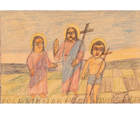 Nikifor d. i. Epifaniusz DrowniakKrynica-Zdrój, 1895 - Folusz, 196813 x 19 cm, R.Christus mit zwei Heiligen. Farbstift auf Pa