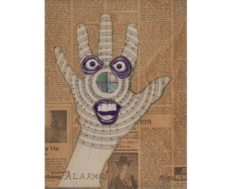Mesens, Edouard Louis ThéodoreBrüssel, 1903 - 197128 x 21 cm, R."Alarme!", 1971. Collage und Farbstift auf Zeitungspapier. In