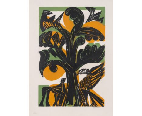 Grieshaber, HAPRot an der Rot, 1909 - Reutlingen, 1981Blattgröße: 67 x 51,5 cm; 57 x 38 cm, R."Floret silva", 1965. Farbholzs