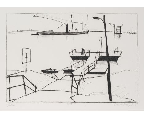 Strozynski, UrsulaDingelstädt, 195429 x 42 cm, R."Fähre", 1983. Radierung auf Bütten. In Bleistift unten rechts signiert und 