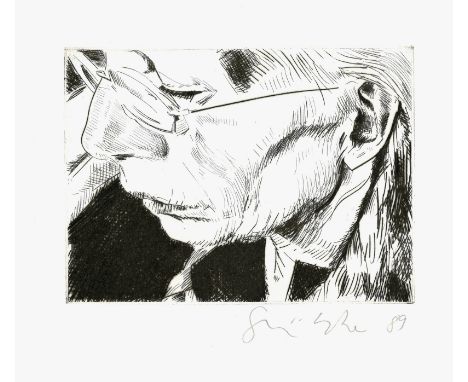 Grützke, JohannesBerlin, 1937 - 2017Blattgröße: 34 x 25,5 cm, o. R.Ohne Titel, 1989. Radierung auf Bütten aus der Folge "Vom 