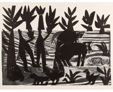 Grieshaber, HAPRot an der Rot, 1909 - Reutlingen, 1981Blattgröße: 62 x 80 cm; 50 x 66 cm, o. R."Alblandschaft", 1964. Holzsch