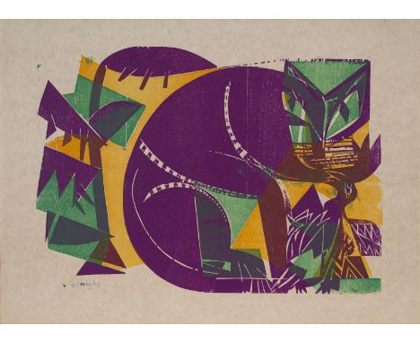Grieshaber, HAPRot an der Rot, 1909 - Reutlingen, 198144 x 60 cm, R."Katze und Vogel", 1960. Farbholzschnitt auf Japanpapier.