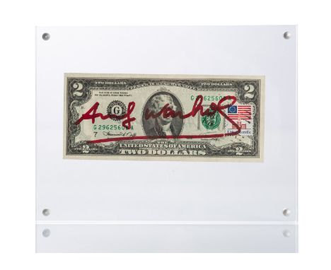 Warhol, AndyPittsburgh, 1928 - New York, 19876,5 x 15,5 cm, R."2 Dollars (Thomas Jefferson)", 1976.  Banknote mit Briefmarke 