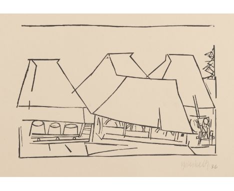 Grieshaber, HAPRot an der Rot, 1909 - Reutlingen, 1981Blattgröße: 39,4 x 49,6 cm;  19 x 29 cm, o. R."Kelterdächer I", 1936. H