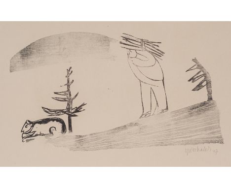 Grieshaber, HAPRot an der Rot, 1909 - Reutlingen, 198128 x 49,8 cm, R."Reisigleser", 1946. Holzschnitt in Schwarz und Grau au