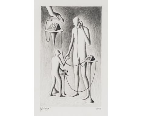 Kostabi, MarkKalifornien, geboren 196022,5 x 14 cm, R.Telefonierende Menschen, 1991. Bleistift auf Papier. In Bleistift unten
