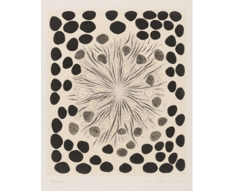 Oppenheim, MeretBerlin, 1913 - 1985Blattgröße: 66 x 50 cm, o. R."Steine, schwarze Tropfen, die zur Mitte hin verschwinden", 1