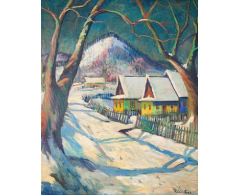 Kádár, GézaMáramarossziget, 1887 - Nagybána, 1952110 x 90 cm, R.Winterlandschaft bei Nagybánya, um 1930. Öl auf Leinwand. In 