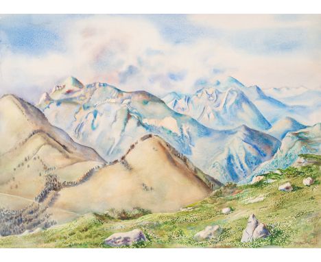 Schlichter, RudolfCalw, 1890 - München, 195550 x 69 cm, R."Vom Sudelfeld aus", 1953. Aquarell auf Bütten. In Tusche unten rec
