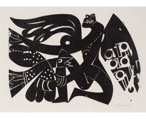 Grieshaber, HAPRot an der Rot, 1909 - Reutlingen, 1981Blattgröße: 38 x 53 cm; 32,5 x 47,5 cm, R."Engel und Adler", 1959. Holz
