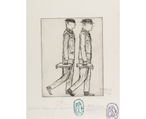 Holderried-Kaesdorf, RomaneBiberach/Riß, 1922 - 2007Blattgröße: 68 x 54 cm, o. R."Paralelle Männer mit Schemel", 1978. Radier