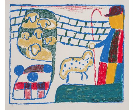 Kerkovius, IdaRiga, 1879 - Stuttgart, 1970Blattgröße: 44,5 x 52 cm, o. R."Hirte mit Schafen", 1963. Farbserigraphie auf feste