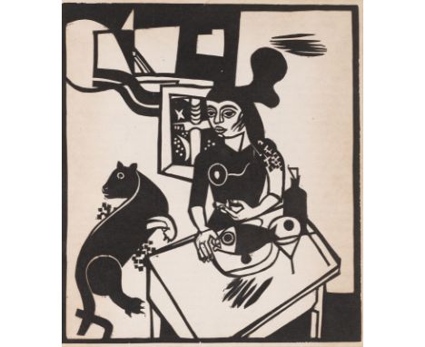 Campendonk, HeinrichKrefeld, 1889 - Amsterdam, 195717,4 x 15,5 cm, R."Am Tisch sitzende Frau mit Katze und Fisch", 1919. Holz