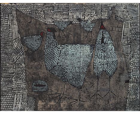 Janssen, HorstHamburg, 1929 - 199548 x 64 cm, o. R."Hühner", 1957. Farbholzschnitt auf Zeitungspapier.Vgl. Brockstedt, H 13.P