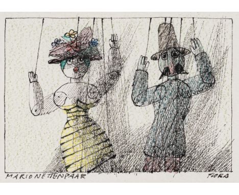 Flora, PaulGlurns, 1922 - Innsbruck, 20096,5 x 9"Marionettenpaar". Aquarellierte Tuschfederzeichnung auf Bütten. In Tusche un