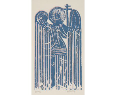 Grieshaber, HAPRot an der Rot, 1909 - Reutlingen, 198140 x 22,5 cm, R."Engel", 1980. Farbholzschnitt auf Japanpapier. In Blei