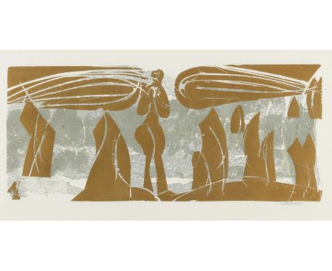 Grieshaber, HAPRot an der Rot, 1909 - Reutlingen, 1981Blattgröße: 52,2 x 67 cm; 23,5 x 53,5 cm, o. R."Wacholderengel", 1971. 