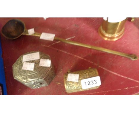 A miniature brass casket - sold with a small pewter alloy box, and a brass ladle