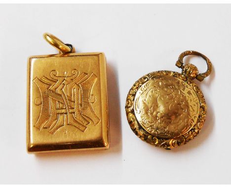 A marked 18 yellow metal oblong mourning locket with engraved initials, tinted photographic portrait and hair panel - sold wi